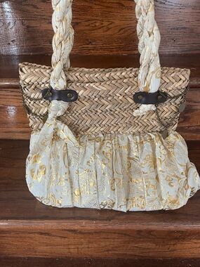 Vintage Sun n Sand Woven Straw Tote with White & Gold Details boho summer tote